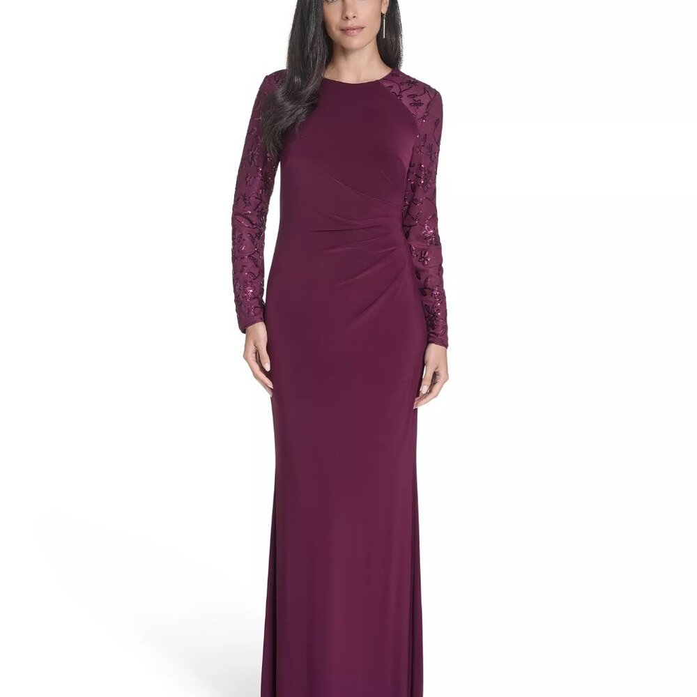 Jessica Howard Petite Raglan Sleeve Gown Burgundy - Picture 3 of 6